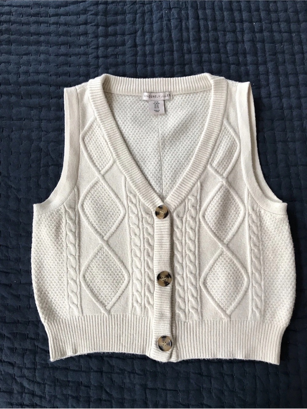 Sincerly Jules Cream Cable Knit V-Neck Button Sweater Vest